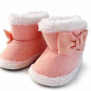 Baby Girl Pink Faux Suede Bootie Slippers Plush Fur Lined Bow 0-3Months-AC258